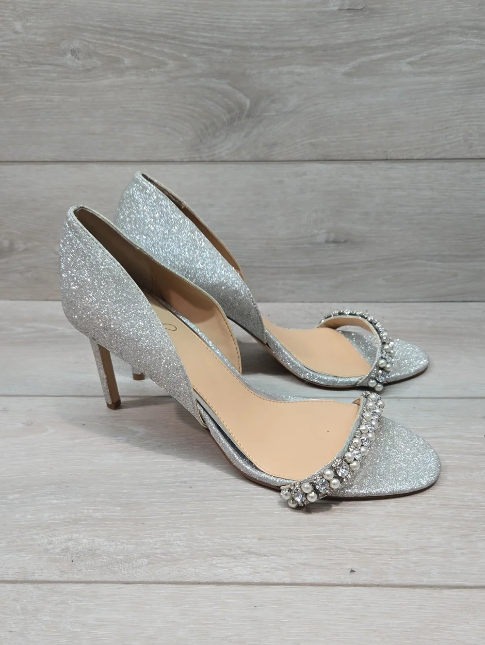Jewel By Badgley Mischka Women Glitter OpenToe Heels Crystal Strap Shoes 9